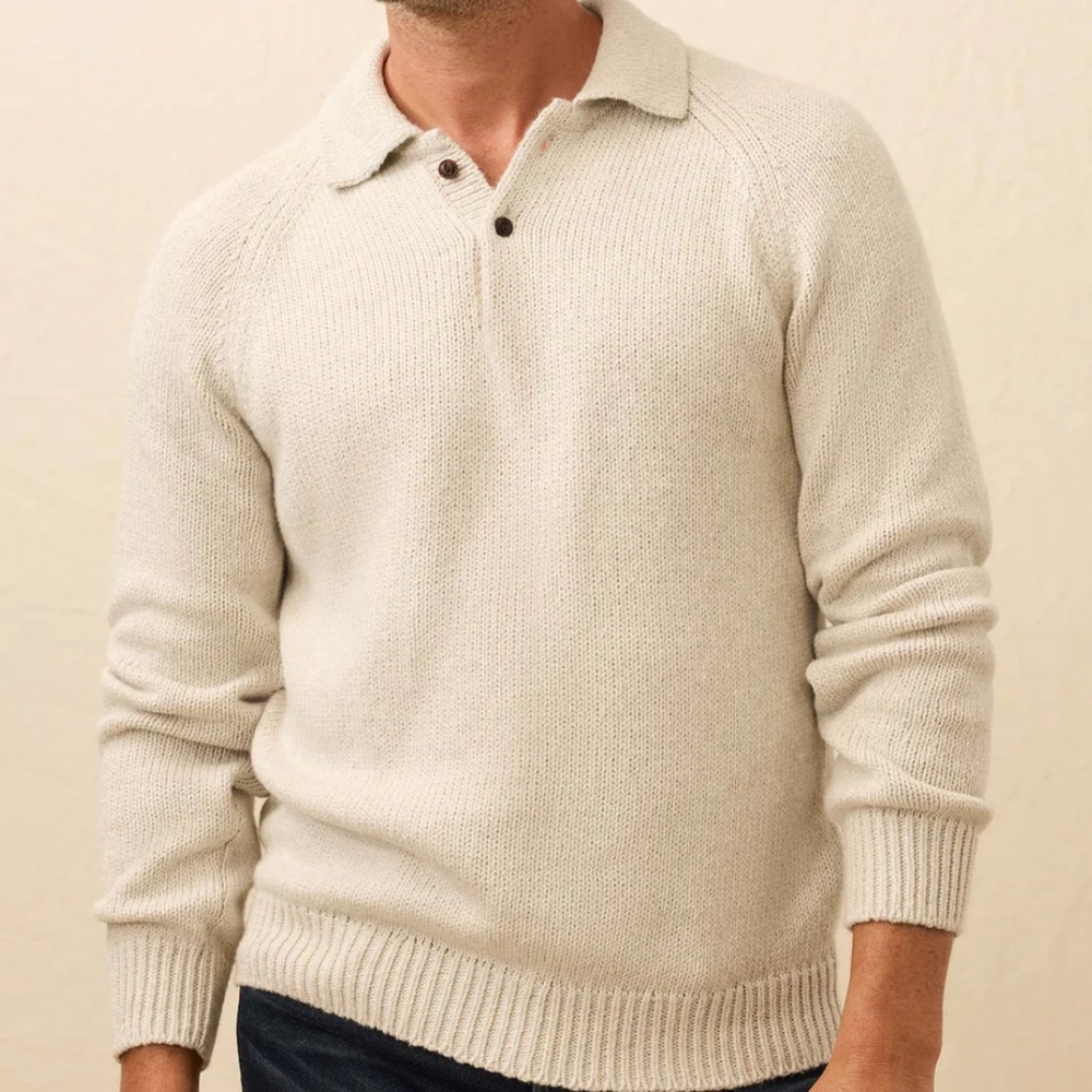 Faherty Mens Heirloom Sweater Polo Heather Grey LARGE NWT